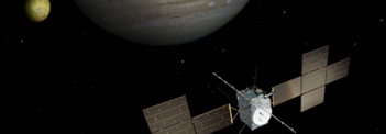 (Artist's impression spacecraft JUICE orbiting Ganymedes © Spacecraft: ESA/ATG medialab; Jupiter: NASA/ESA/J. Nichols (University of Leicester); Ganymedes: NASA/JPL; Io: NASA/JPL/University of Arizona; Callisto and Europa: NASA/JPL/DLR)
